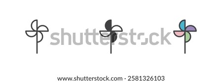 Pinwheel different style icon set. Line, glyph and filled outline colorful version, outline and filled vector sign. Symbol, logo illustration. Vector graphics