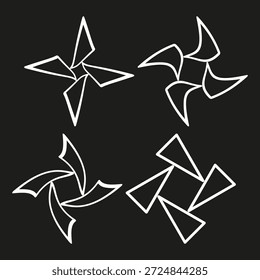 Patrón de iconos de molinete. Vector blanco cruzado. Fondo negro sólido. Forma de estrella geométrica. Elemento de alta calidad. EPS 10.