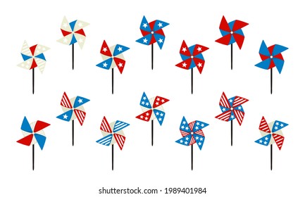 Pinwheel icons set isolated. Paper spinners by July 4th in national colors of United States of America. Vector illustration for USA Independence or Election Day