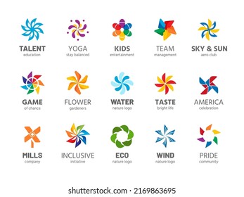 Pinwheel logo. Abstract rainbow color summer spinner symbol, wind propelled children summer toy isolated collection. Vector business logos for different companies as yoga studio, pride community svg