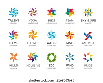 Logo de PinWheel. Resumen del símbolo del spinner de color arcoiris de verano, niños propulsados por el viento verano juguete colección aislada. Logotipos de negocio de vectores para diferentes empresas como estudio de yoga, comunidad de orgullo