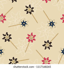 pinwheel , paper windmill . Childhood toy . hand draw sketch vector. seamless pattern