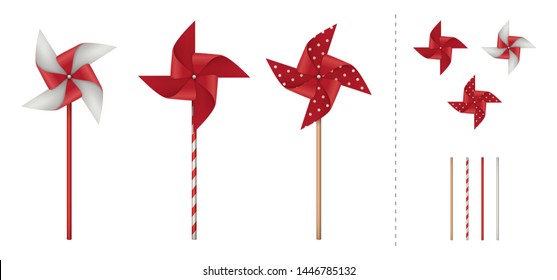 Pinwheel. Realistic red set. Includes 3 samples illustrations and elements for create your own design. Isolated for all backgrounds.