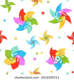 Pinwheel seamless pattern. Colorful paper windmills, repeated kids toys, summer fan spinners, bright rotating vanes. Textile and wrapping paper, wallpaper design. Print for fabric vector background svg