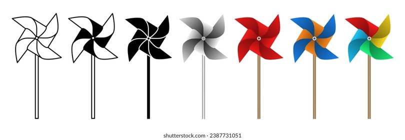 Pinwheel set, spinning toy with wooden stick. Isolated vector illustration on white background