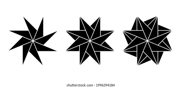 Pinwheel shaped eight-pointed stars made of triangles. Geometric patterns create the impression of rotation through symmetrical arrangement of triangles similar to curls of a spinning pinwheel. Vector