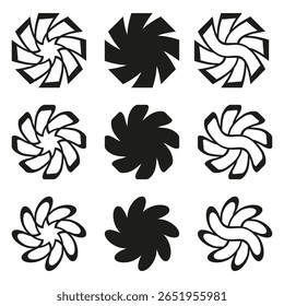 Pinwheel swirl icon. Petal rotation shapes. Black white contrast. Vector spiral symbol.