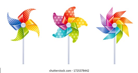 Icono de juguete de la rueda. Rueda de pasador de viento del papel para los niños juego y diversión. Molino de viento de color vectorial aislado en blanco. Juguetes de ventilación de verano en rojo, azul amarillo, verde con estrellas, punto de polka, decoración de rayas