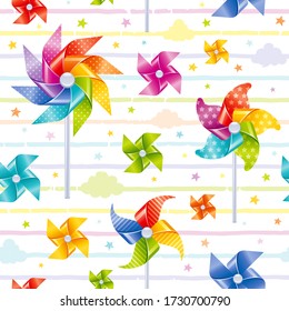 Pinwheel toy seamless pattern. Wind pin wheel from paper background for kids. Fun game repeat wallpaper. Vector color windmill set isolated on white. Summer ventilator toys pattern with stripes decor