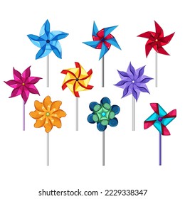pinwheel toy set cartoon. wind windmill, paper mill, rotate whirligig, fan vane, air pinwheel toy vector illustration