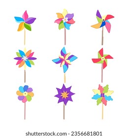pinwheel toy set cartoon. wind game, child mill, childhood plastic pinwheel toy sign. isolated symbol vector illustration svg