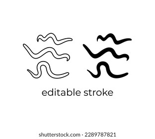 Pinworms, nematode and roundworm, editable stroke, silhouette and linear design. Animal, microscopic parasites, microorganism, vermin and insects, vector design and illustration