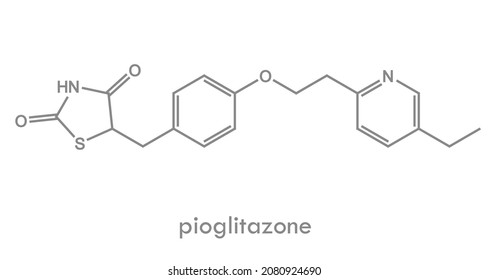 Pioglitazone structure. Thiazolidinedione drug molecule. Used to treat type 2 diabetes. Chemical formula.