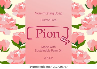 Pion Aroma Non Irritating Soap Sulfate Free, Made With Sustainable Palm Oil. Organic And Natural Ingredients For Beauty And Care For Face And Body. Lotion Package Or Label. Vector In Flat Style