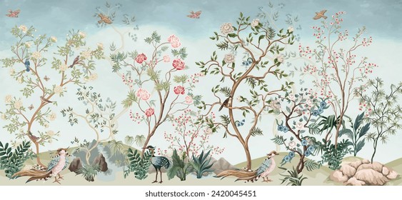 Flor de pión árbol de flores de camellia con gorrión, aletas, mariposas, libélulas. Patrón sin inconvenientes, fondo. Ilustración vectorial. En estilo botánico