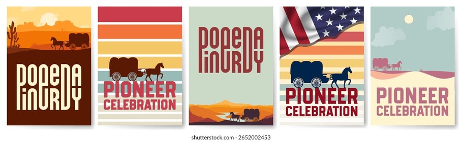 pioneer day background illustration with western american emigrant wagon, pioneer day poster design, set of pioneer celebration template design