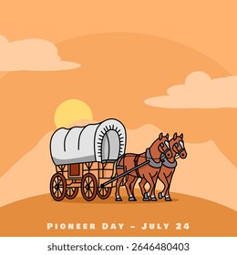 Dia dos Pioneiros para comemorar em 24 de julho. Ilustração de um vagão coberto pioneiro com dois cavalos no fundo do pôr do sol.