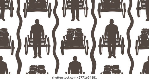 pioneer day handcart seamless pattern with silhouettes of settlers pulling carts with belongings for historical celebration and american heritage design