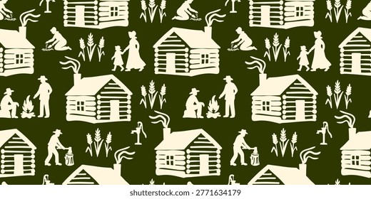 pioneer day seamless pattern with log cabin house silhouettes for settlement land cultivation historical celebration and village life design