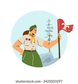 A pioneer girl raises a flag in the camp. Vector illustration of youth in uniform doing patriotic activities, sticker icon with isolated design.