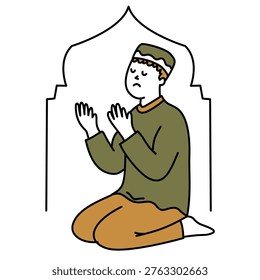Pious man making dua prayer inside masjid during holy day of eid