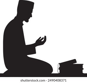 Pious man praying keeps the holy quran in front of him silhouette illustration