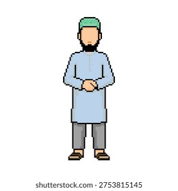 Pious Muslim Man Character Standing And Praying In Blue Thobe