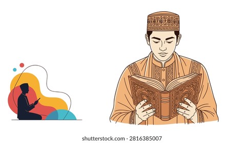 Pious young Muslim man wearing traditional clothes and a cap reading the holy Quran book with deep concentration.
