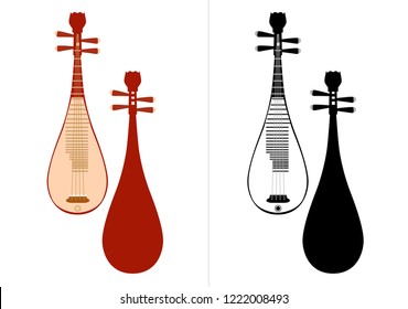 Pipa, Chinese Traditional Instrument Front & Back - Vector Illustration Isolated Icon