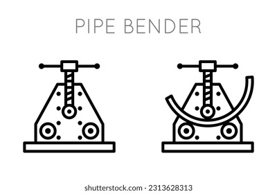 Pipe bending machine icons set. Machine for bending pipes at an angle mechanically.