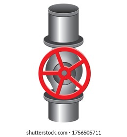 Pipe and a big red round ventil for opening or closing is isolated on a white background for design. Realistic stock vector illustration with a fan and a pipeline for water or gas and metal pipe