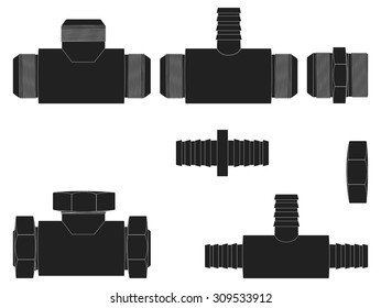 Pipe Bronze Fitting. Brass fitting with Threaded. Black icon. Vector Illustration isolated on white background.