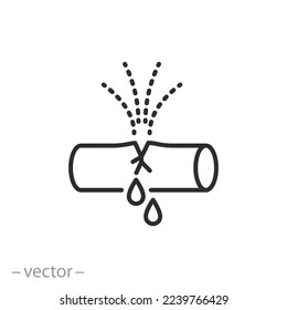 pipe burst icon, crack water leak, plumbing damage result, thin line symbol on white background - editable stroke vector illustration