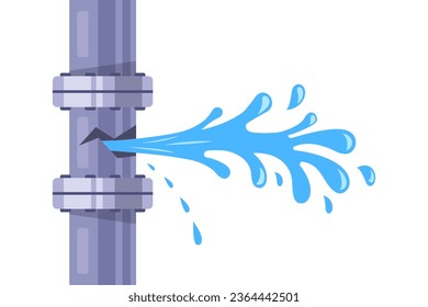 pipe burst. water flows from the hole. flat vector illustration.