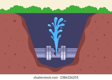 Rohrleitung, die aus dem Untergrund platzt. flache Vektorgrafik.