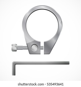 Pipe clamp. Realistic steel hose clamp and allen key. Vector illustration.