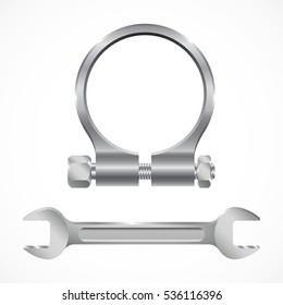 Pipe clamp. Realistic steel hose clamp and spanner. Vector illustration.