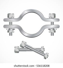 Pipe clamp. Realistic steel hose clamp, bolts and nuts. Vector illustration.