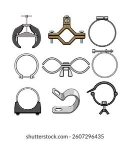 pipe clamp set cartoon. bracket hanger, saddle fastener, connector mount pipe clamp sign. isolated symbol vector illustration