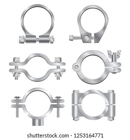 Pipe clamps. Realistic steel hose clamp. Vector illustration.