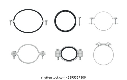 Pipe clamps steel hose band circle equipment for metallic tube set realistic vector illustration. Household clip for pipeline joint connection silver with rubber ring screw sanitary plumbing pressure