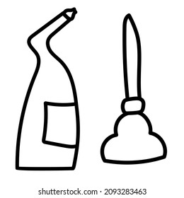 pipe cleaner and plunger set for cleaning pipes and sewers vector illustration doodle style