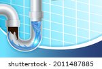 Pipe Clogged Canalization Problem Copyspace Vector. Cleaning Clogged Piping Waterway, Clog Waste Blocked In Plastic Siphon And Ceramic Tile. Repair Template Realistic 3d Illustration