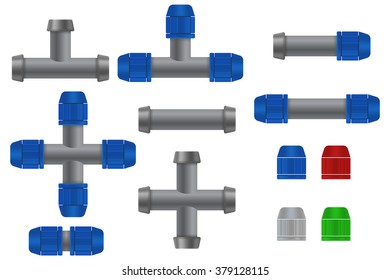 Pipe connections for garden hose. Quick Connector. Vector illustration isolated on white background.