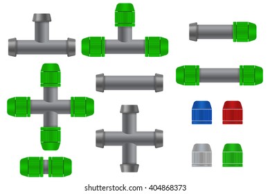 Pipe connections for garden hose. Quick Connector.  Green fittings. Vector illustration on white background