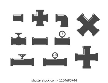 Pipe connector or pipe fitting. Pipe fittings vector icons set