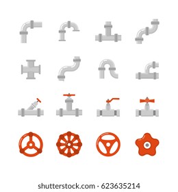 Pipe connector, water pipe fitting flat vector icons for plumbing and piping work