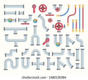 Pipe constructor set vector illustration. Massive ramified pipeline with big amount of different valves and faucets used to deliver hot and cold filtrated water flat style concept