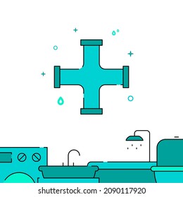 Pipe cross filled line vector icon, simple illustration, Plumbing related bottom border.