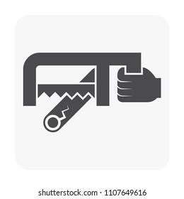 Pipe Damage And Plumber Repair Icon. That Is A Problem Of Plumbing System And Caused By Pressure, Frozen Or Other Concussion. Plumber Using Saw To Cutting Damage Pipe For Change New One. Vector Icon.